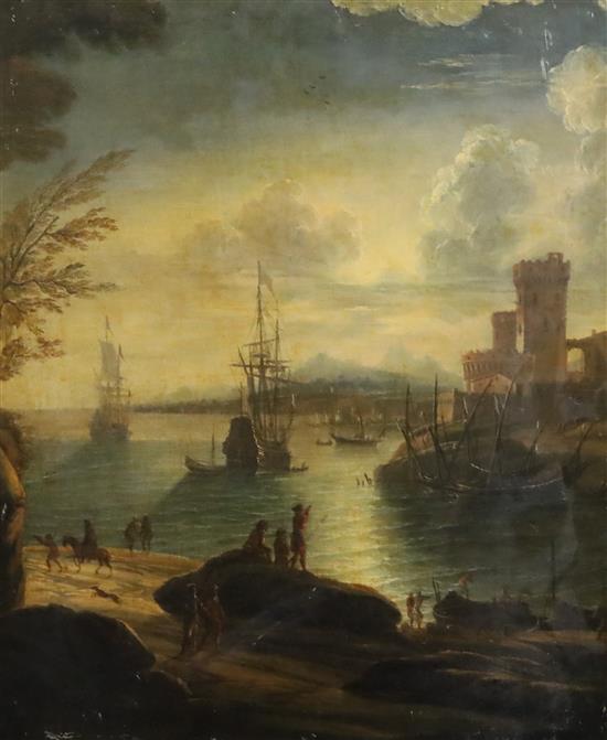 18th century Italian School Figures overlooking a harbour 27 x 22.5in., unframed